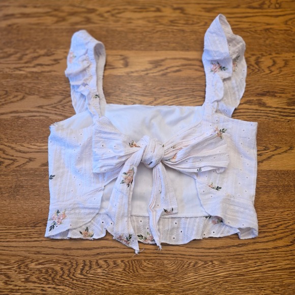 Cottage Core S White Floral Embroidered Ruffle Crop Top Square Neck Tie Back - Picture 9 of 11
